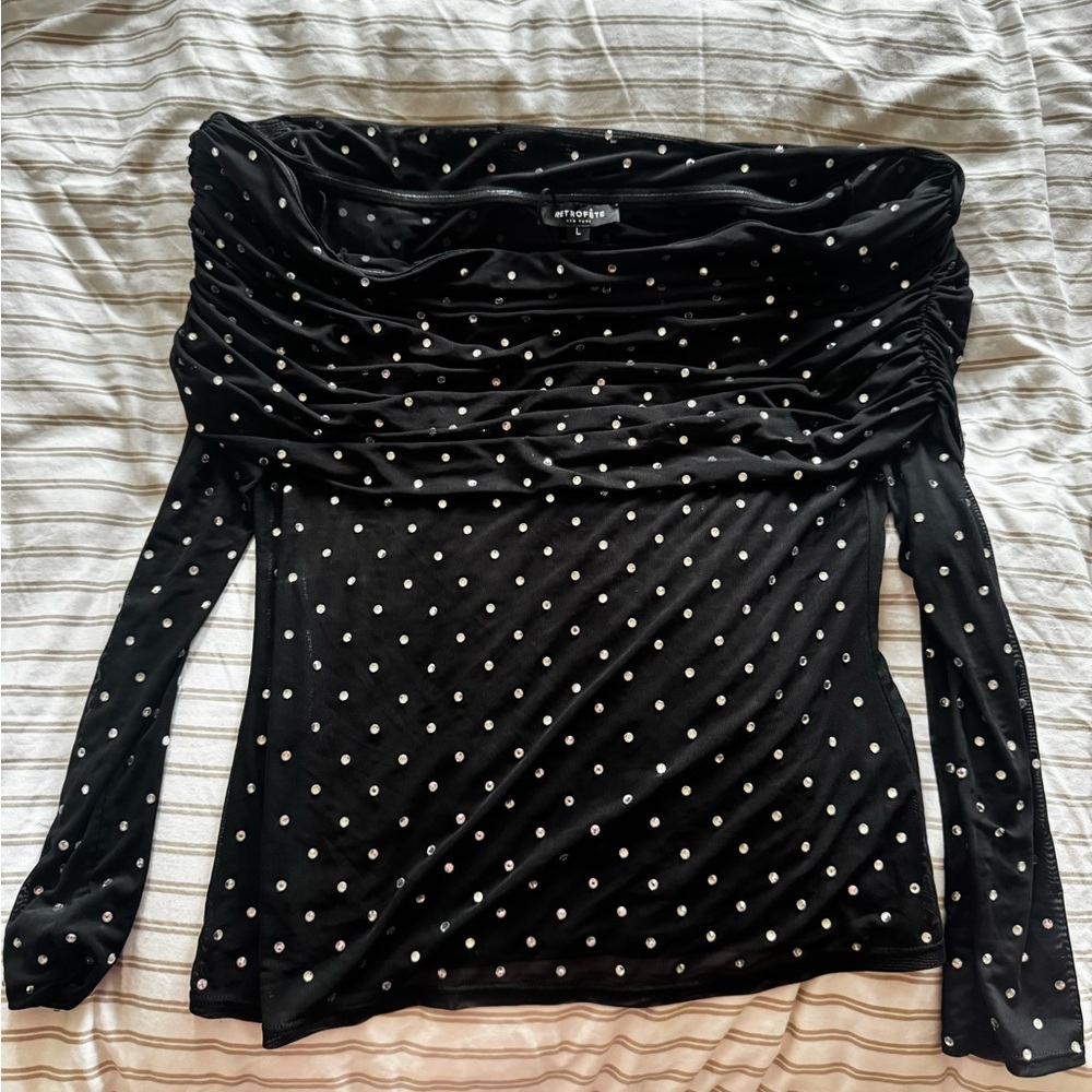 RETROFETE off the shoulder mesh blouse with rhinestones - LARGE